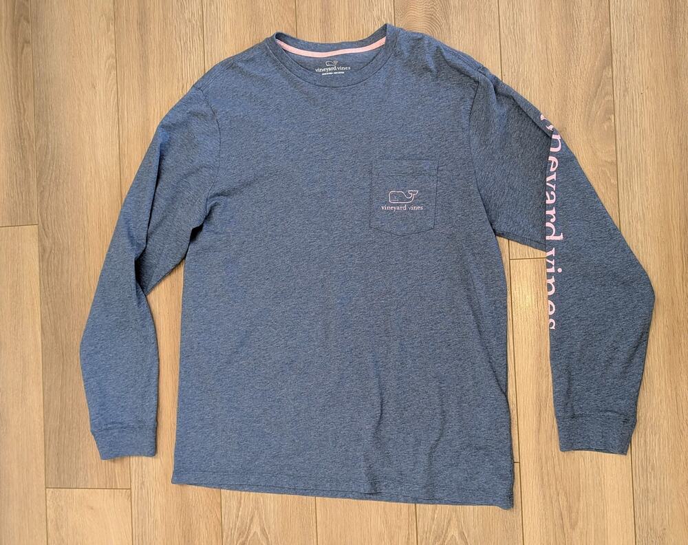 Vineyard Vines Long Sleeve Whale Tee Blue Pink Mens Size Large 100% Cotton
